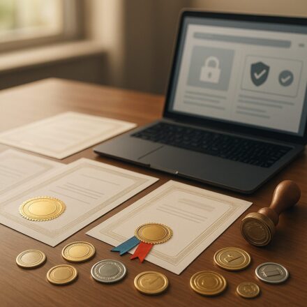 Documents de certification officiels posés sur un bureau professionnel moderne