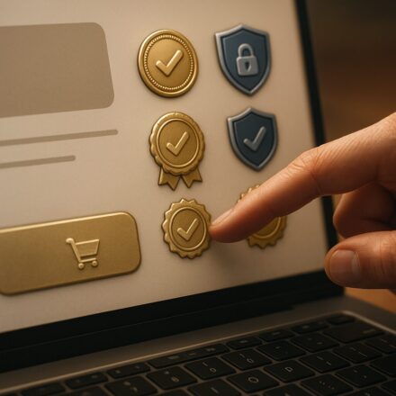Main pointant des badges de certification visibles sur boutique en ligne