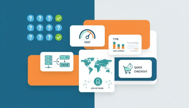 Interface FAQ illustrant le cache CDN et la vitesse e-commerce