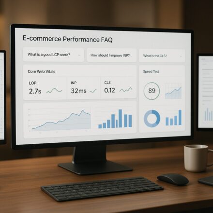 Interface FAQ performance e-commerce avec métriques Core Web Vitals affichées