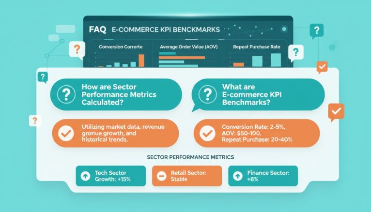 Interface FAQ avec bulles de questions et indicateurs sectoriels e-commerce