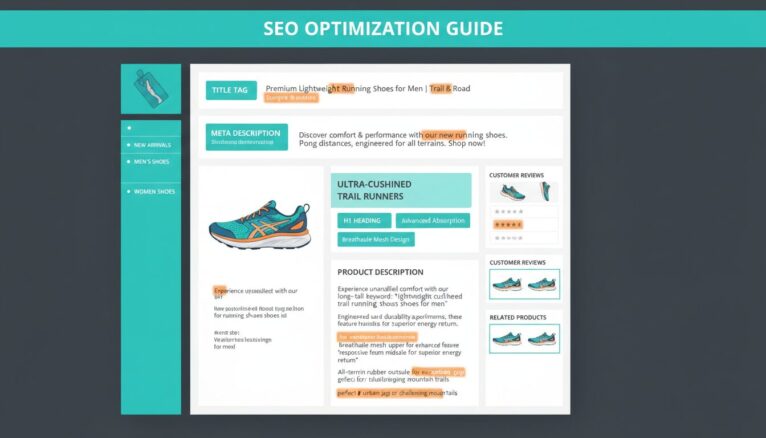 Fiche produit e-commerce avec zones SEO on-page optimisées surlignées