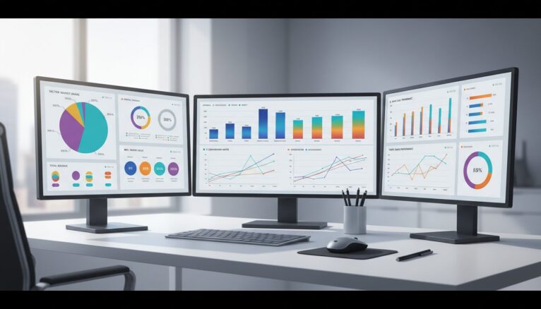Tableaux de bord analytiques comparant les KPIs sectoriels e-commerce sur écrans