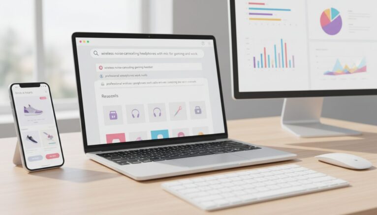 Interface de recherche e-commerce avec suggestions de mots-clés longue traîne