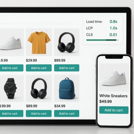 Interface boutique e-commerce rapide avec métriques de performance visibles