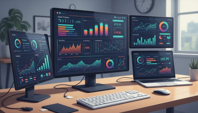 Tableaux de bord de suivi des prix e-commerce sur plusieurs écrans