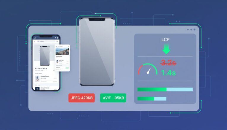 Dashboard Core Web Vitals mesurant impact images optimisées LCP e-commerce
