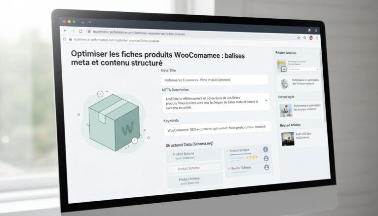 écran d'ordinateur affichant une fiche produit WooCommerce optimisée
