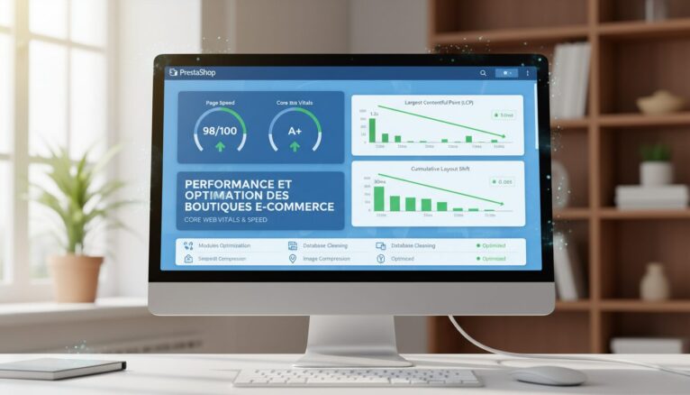 Écran d'ordinateur avec tableau de bord PrestaShop optimisé