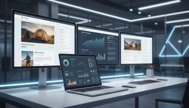 Écrans affichant des analyses concurrentielles e-commerce et données consommateurs