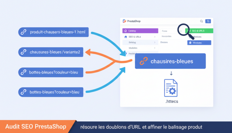 Illustration de redirections 301 pour corriger doublons d’URL PrestaShop