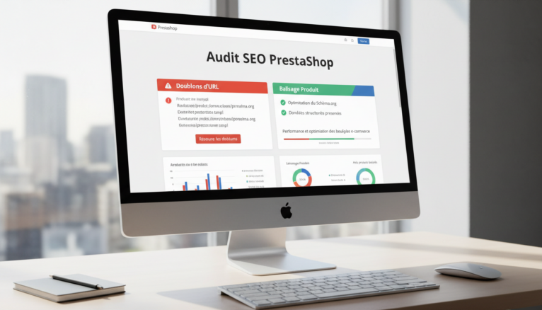 écran d'ordinateur avec audit SEO PrestaShop visible