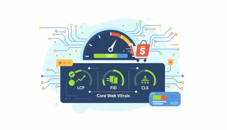 Illustration digitale d'analyse de vitesse et Core Web Vitals Shopify