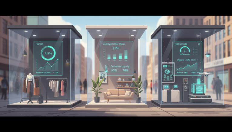 Boutiques mode, maison et tech avec tableaux de performance