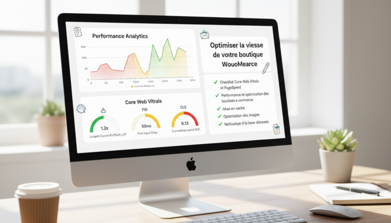écran d'ordinateur avec tableau de bord WooCommerce et métriques de performance