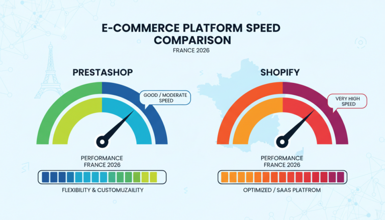 illustration comparaison vitesse CMS PrestaShop et Shopify