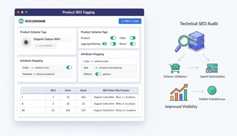 Interface plugin SEO WooCommerce avec balisage produit optimisé