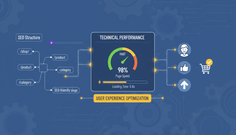 Illustration synchronisation SEO, performance technique et UX WooCommerce