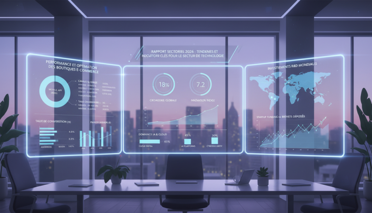Tableau de bord technologique avec indicateurs clés 2026
